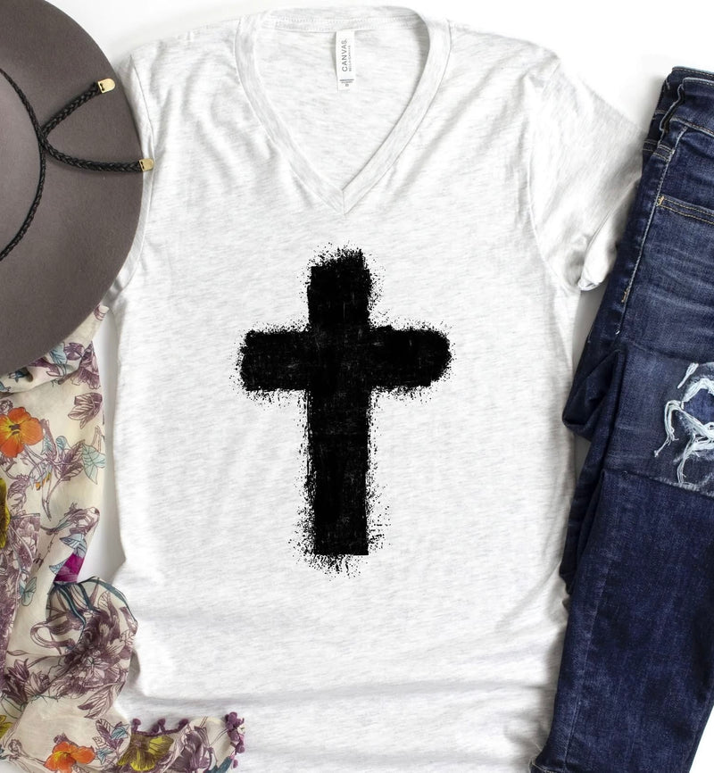 Distressed Cross V-Neck